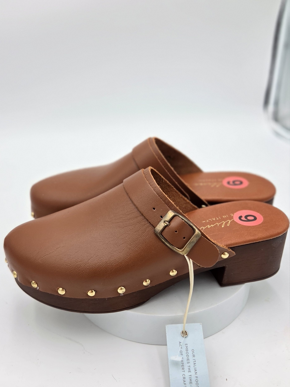 Avellini Brown Leather Clog Mules with Gold Studs size 37 US 6